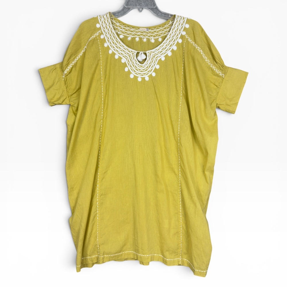 Matta Mini Dress Womens‎ M Yellow Cotton Embroidered Boho Lagenlook Short Sleeve